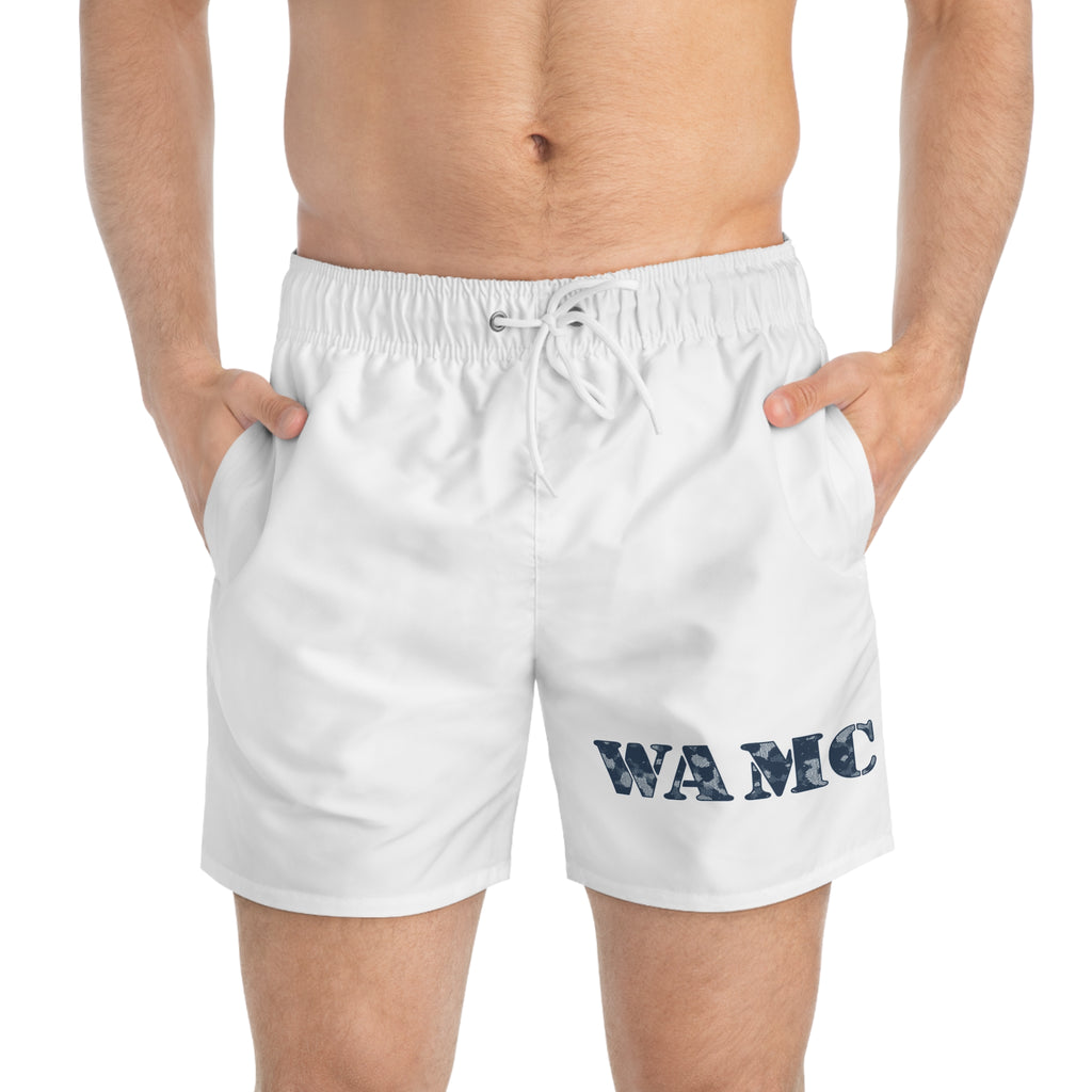 We All Make Choices Swim Trunks — White Men's Beach Shorts with WAMC Text