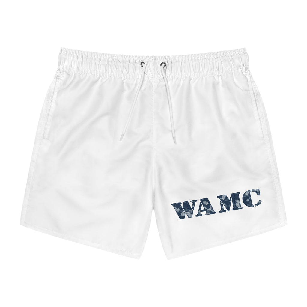 We All Make Choices Swim Trunks — White Men's Beach Shorts with WAMC Text