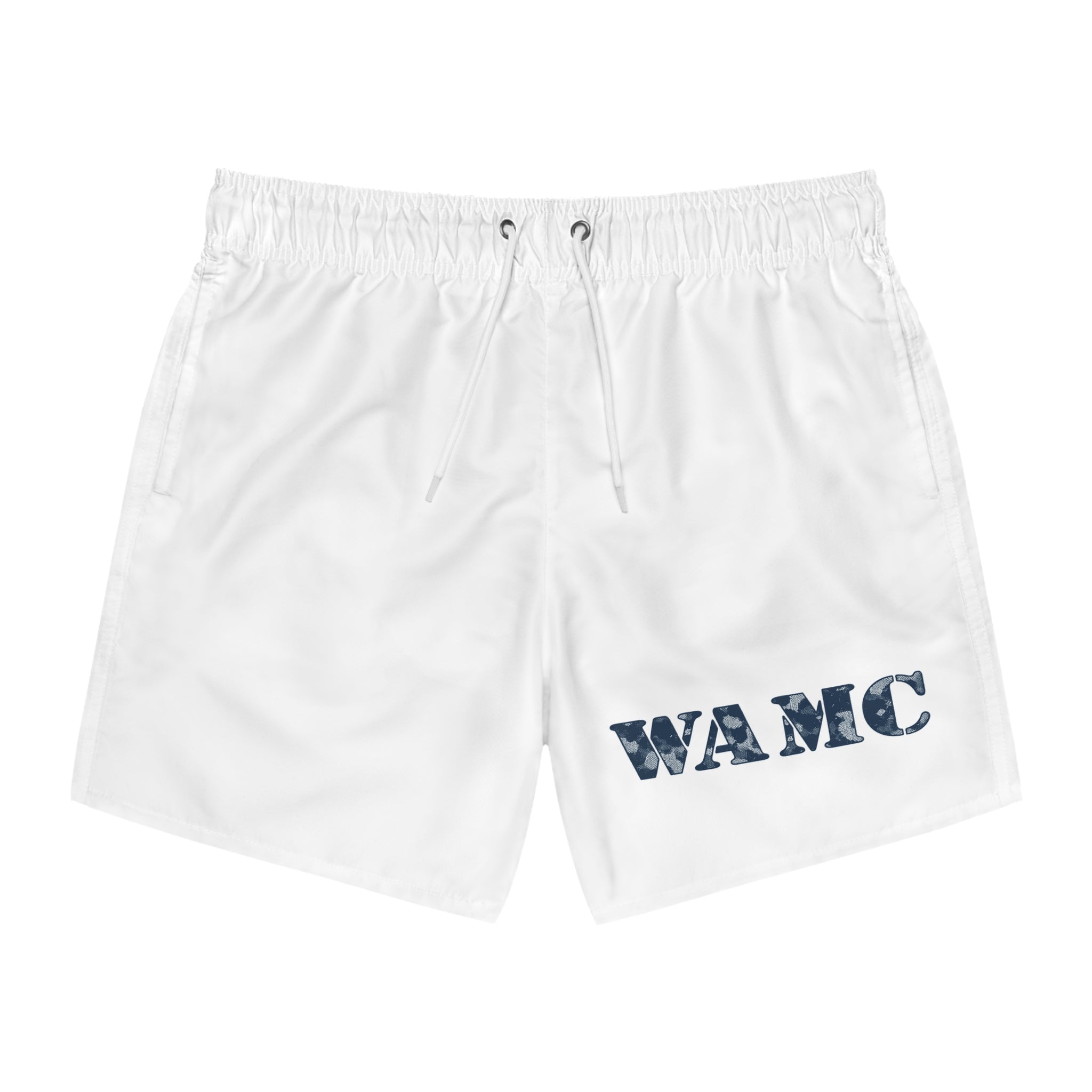 We All Make Choices Swim Trunks — White Men's Beach Shorts with WAMC Text