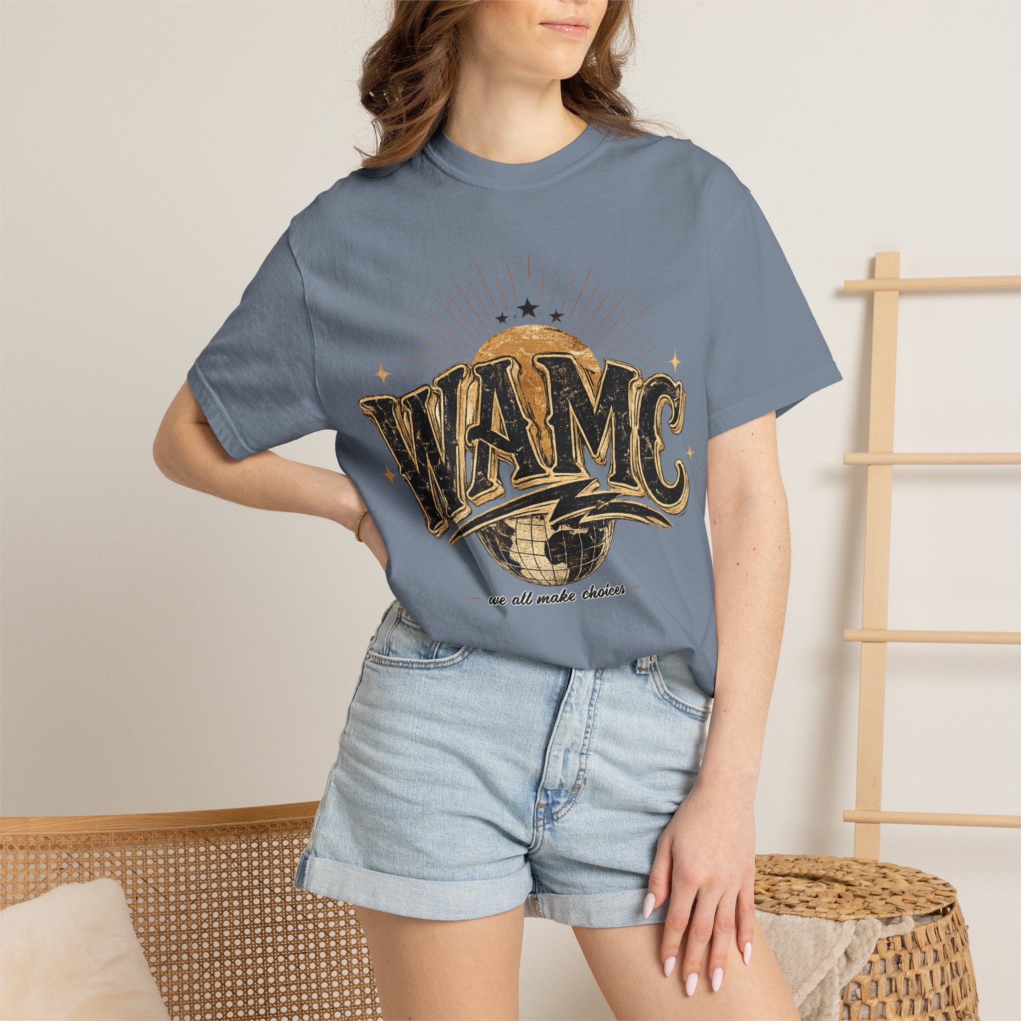 WAMC Retro Sunburst Tee — "we all make choices" Graphic T-Shirt