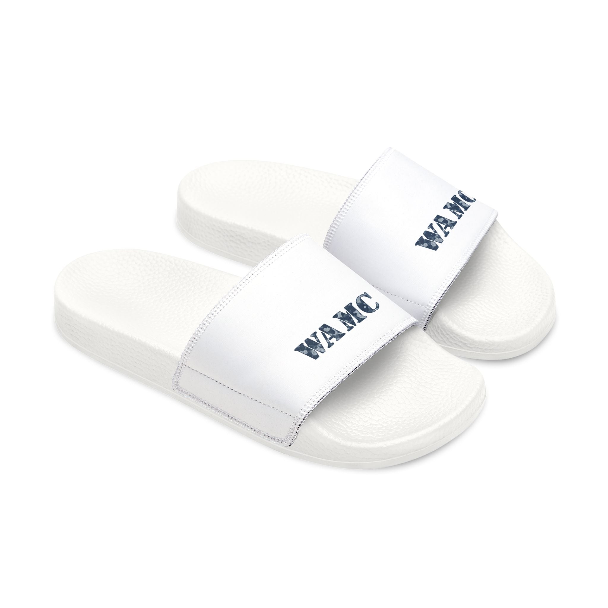 Men's Removable-Strap Slide Sandals — White Slides with "WAMC" Logo