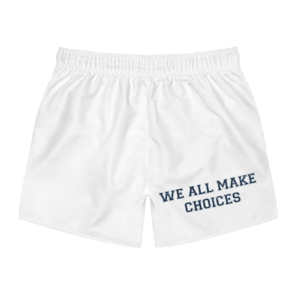 We All Make Choices Swim Trunks — White Men's Beach Shorts with WAMC Text