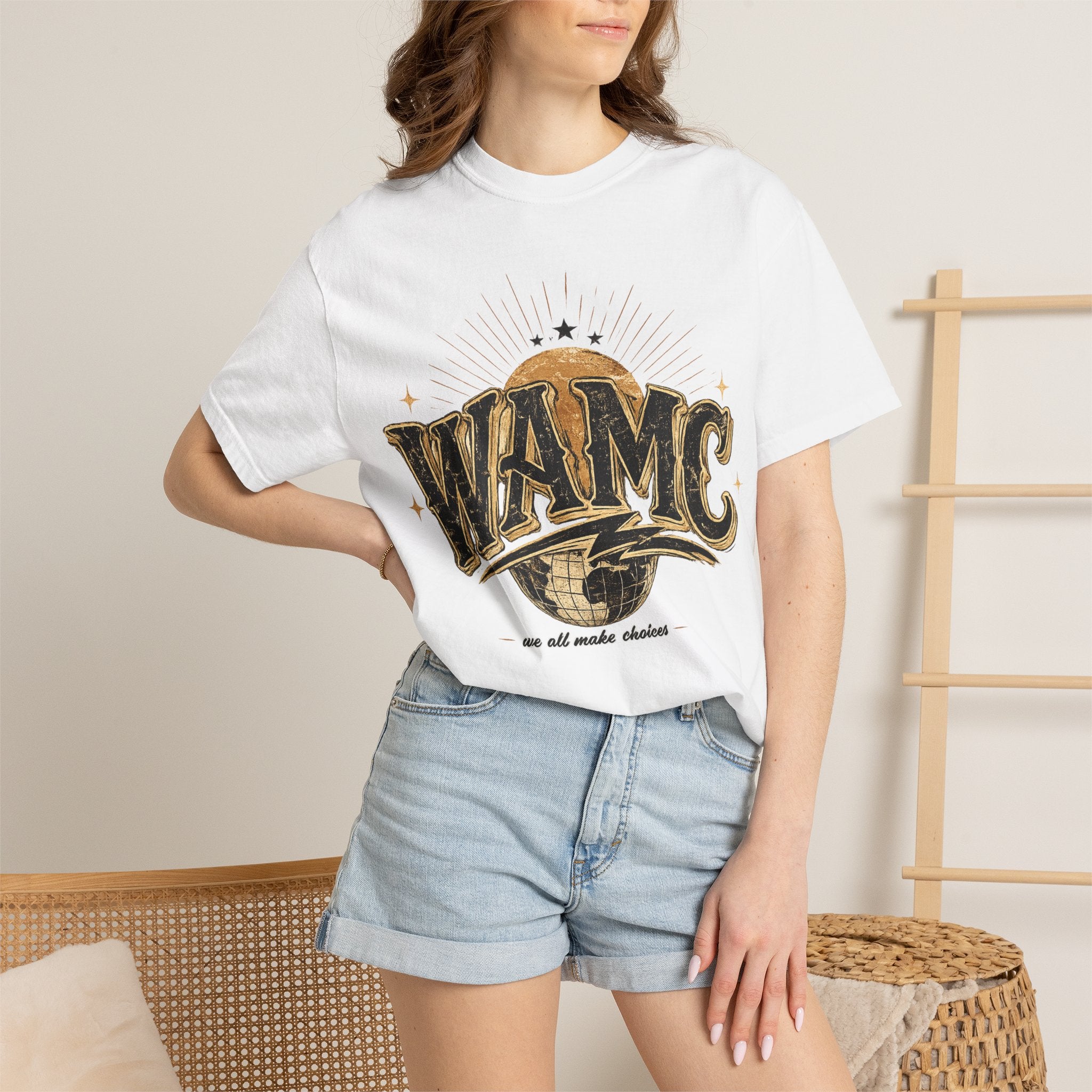 WAMC Retro Sunburst Tee — "we all make choices" Graphic T-Shirt