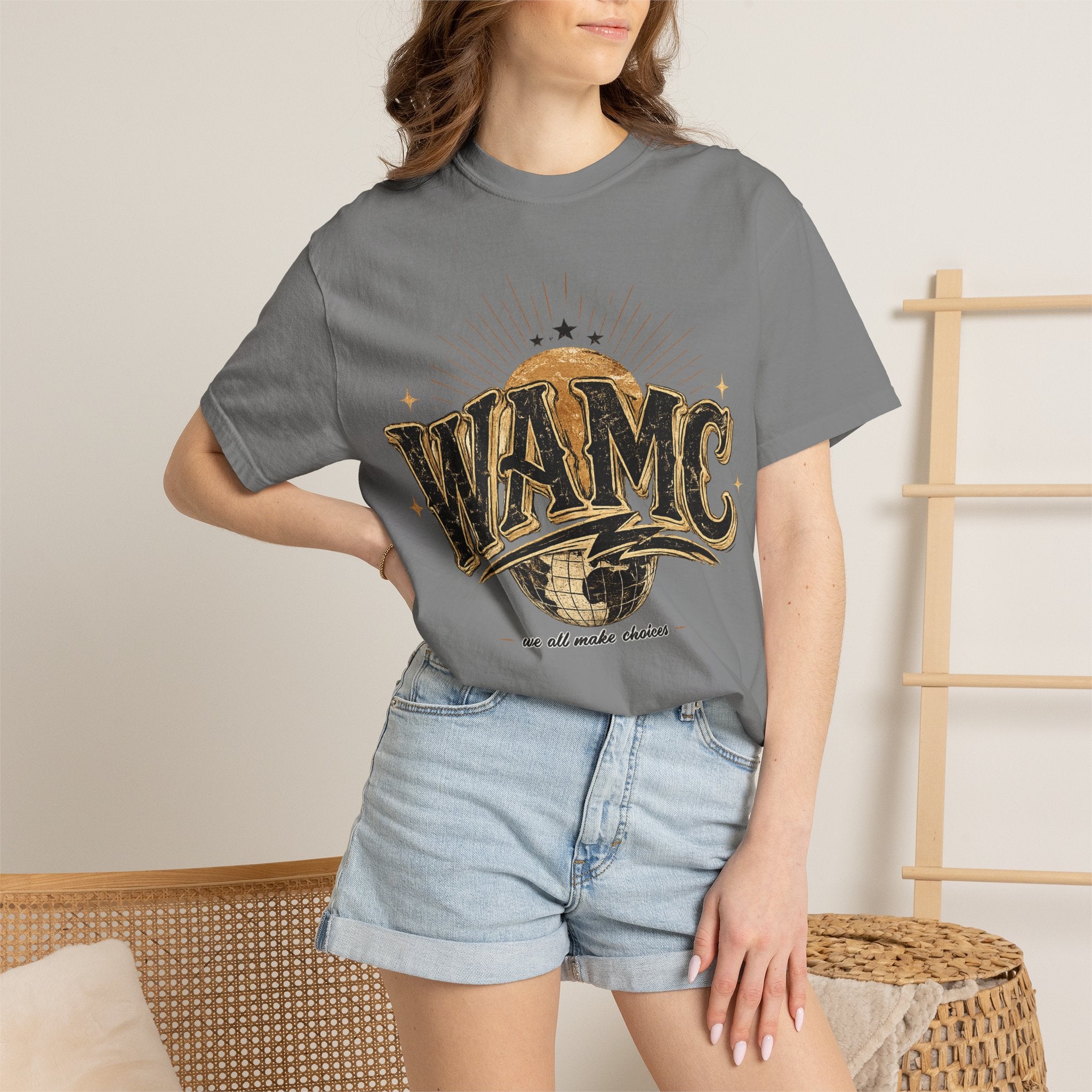 WAMC Retro Sunburst Tee — "we all make choices" Graphic T-Shirt