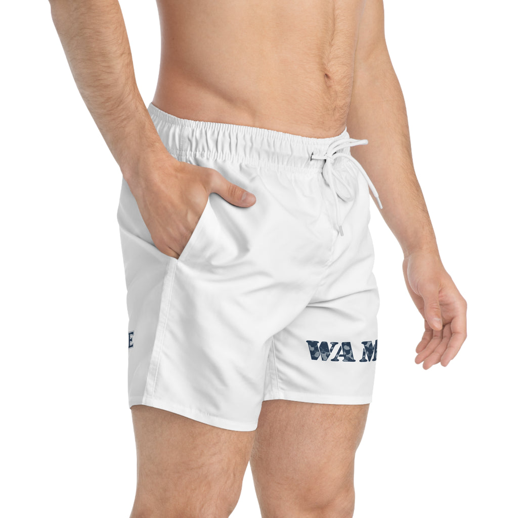 We All Make Choices Swim Trunks — White Men's Beach Shorts with WAMC Text