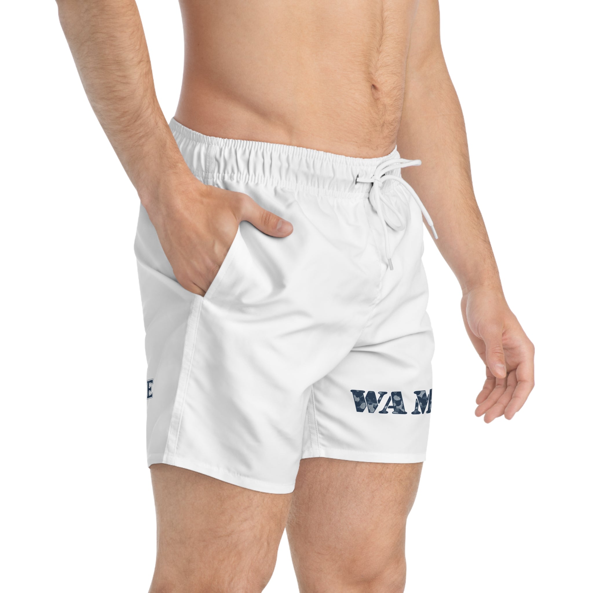 We All Make Choices Swim Trunks — White Men's Beach Shorts with WAMC Text